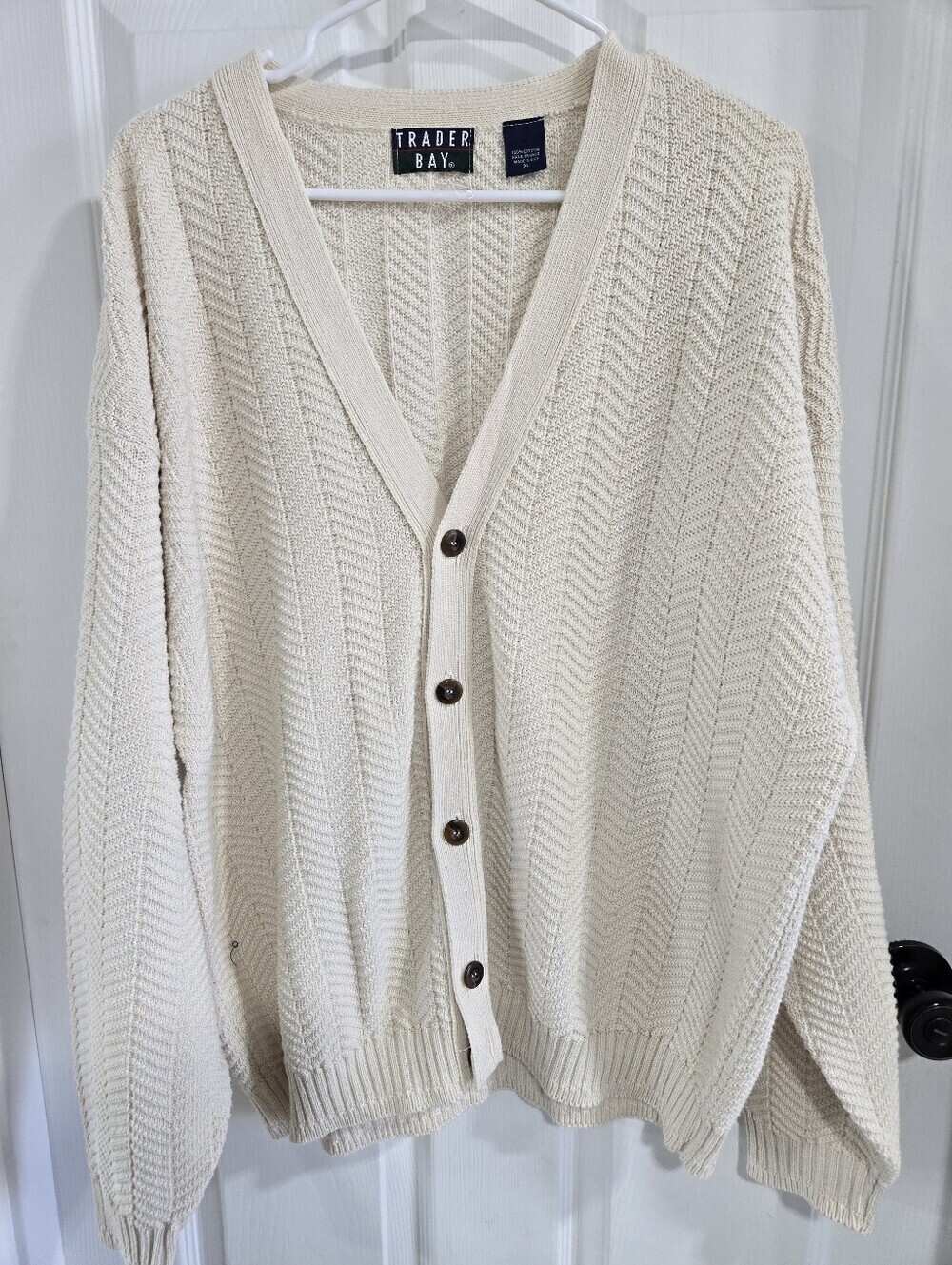 Vintage Trader Bay Men's XL Cream Textured Knit Button Front Cardigan Sweater
